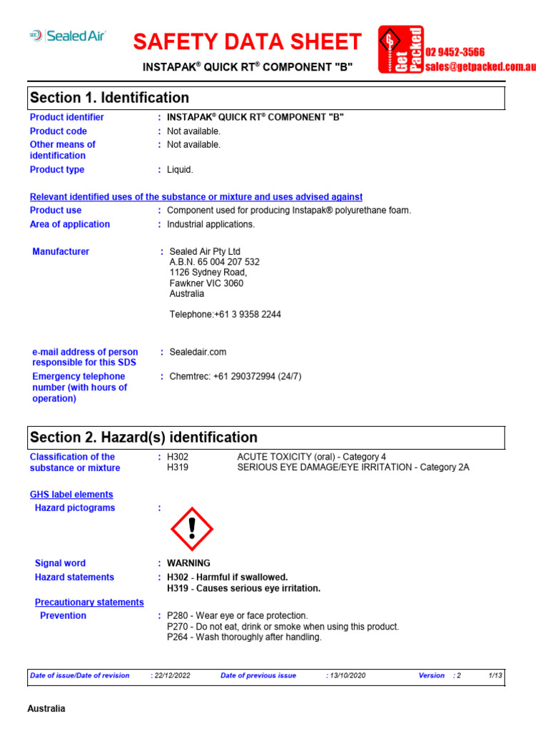 Instapak Quick RT Component B SDS | PDF | Toxicity | Dangerous Goods