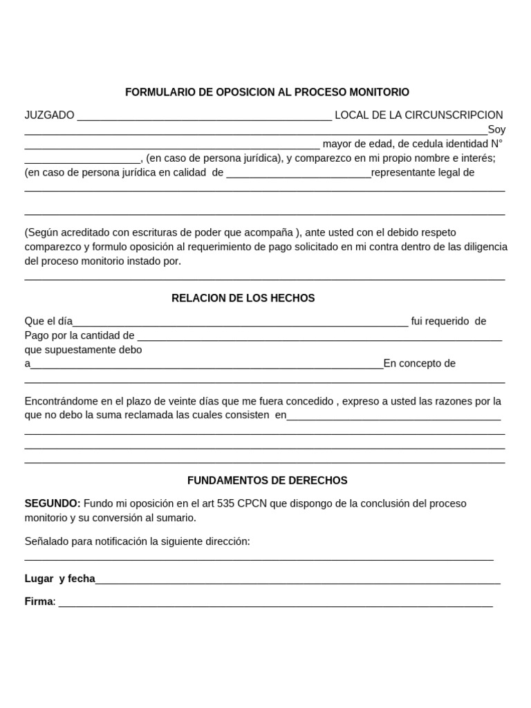 Formulario de Oposicion El Proceso Monitorio | PDF