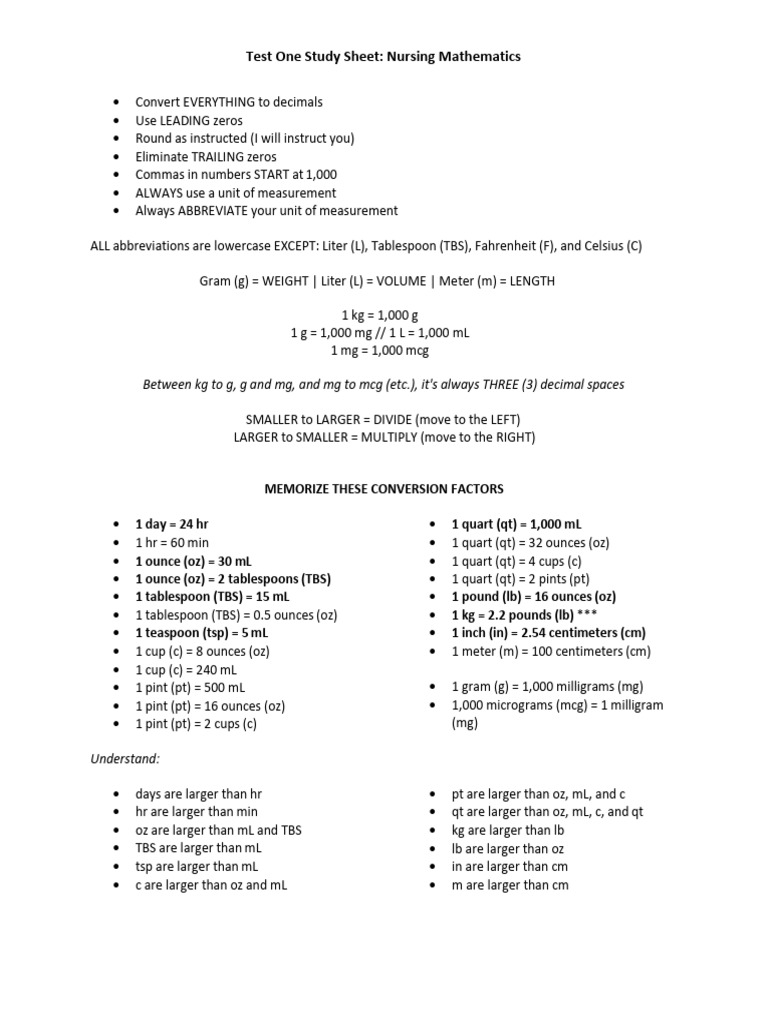 Nursing Math Conversion Guide | PDF | Ounce | Litre