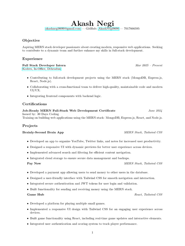 MERN Stack Developer Resume Summary | PDF | Mobile App | Software ...