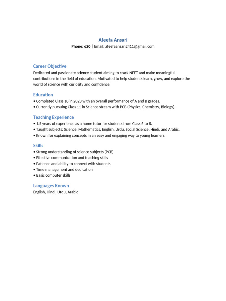 Afeefa Ansari: Aspiring Science Educator | PDF
