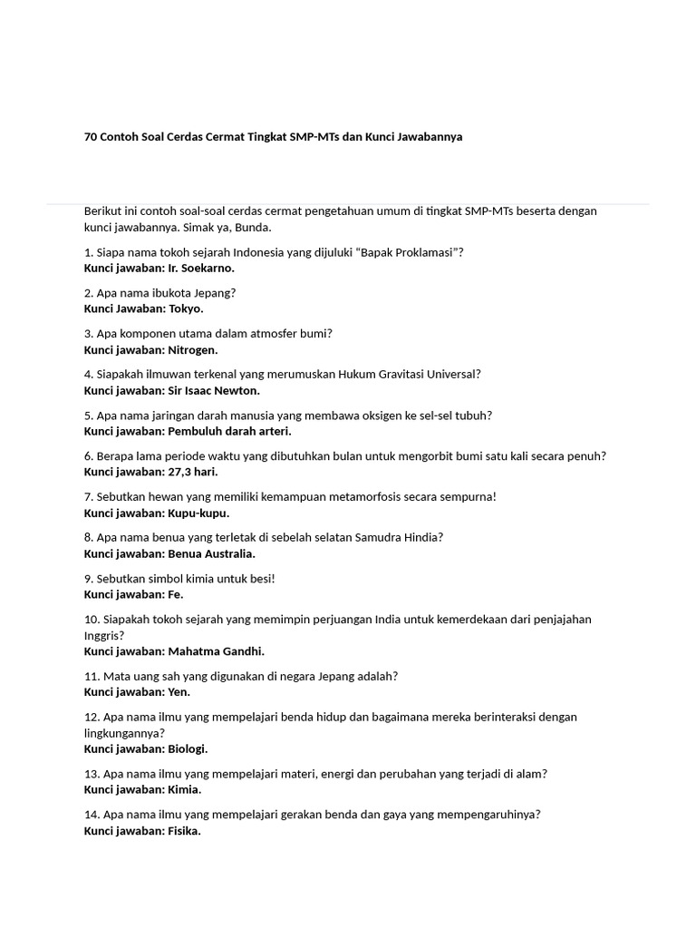 70 Contoh Soal Cerdas Cermat Tingkat SMP PDF