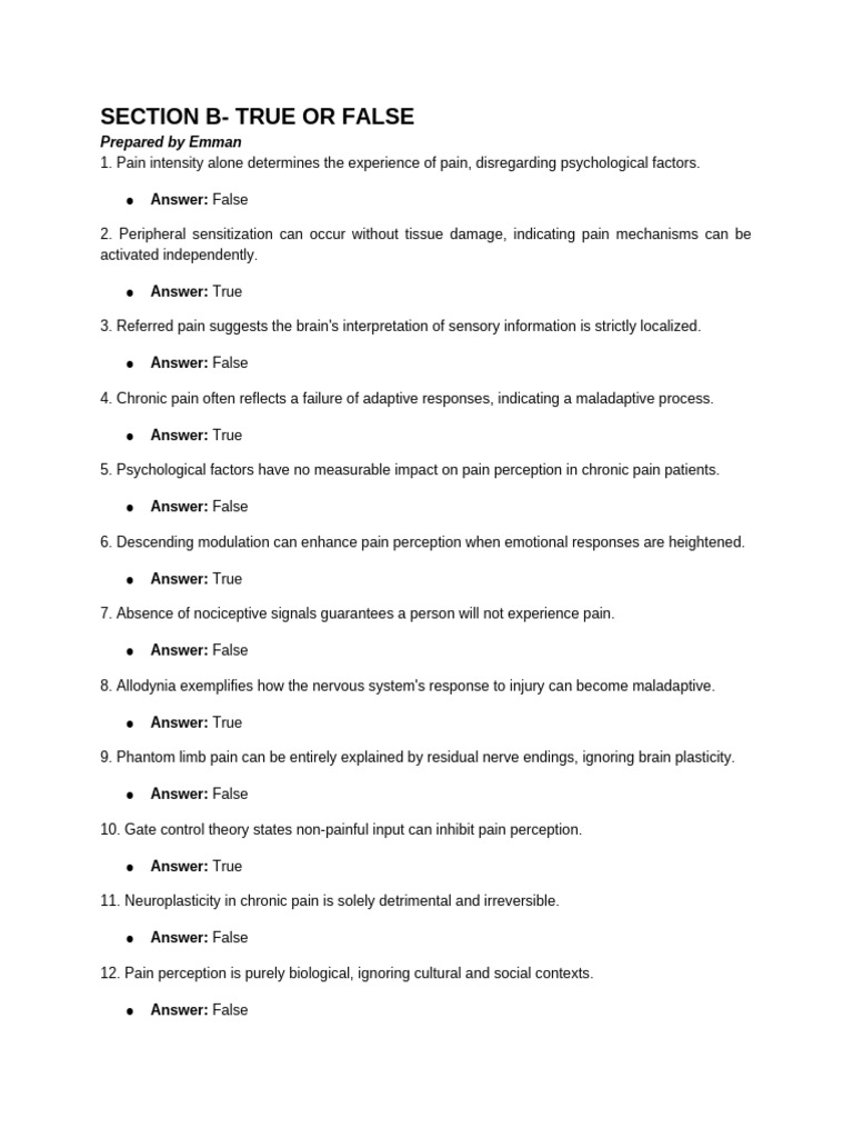 Section B-True or False-1 | PDF | Pain | Chronic Pain