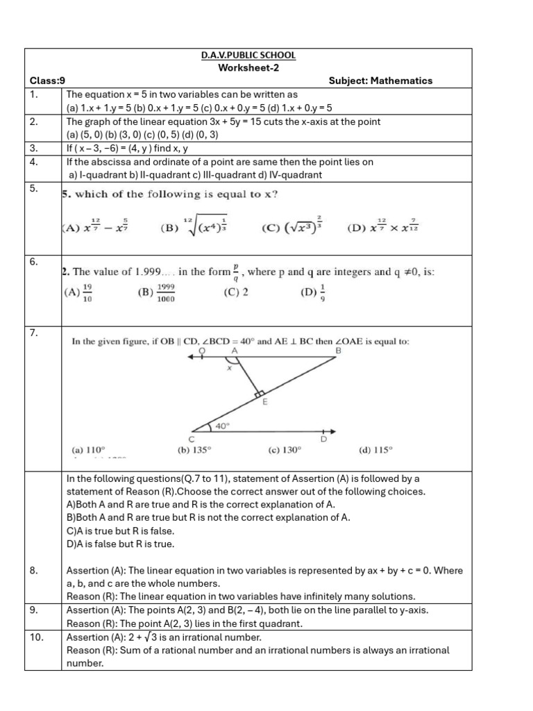 Class 9 Maths Worksheet 2 Solutions | PDF | Cartesian Coordinate System ...