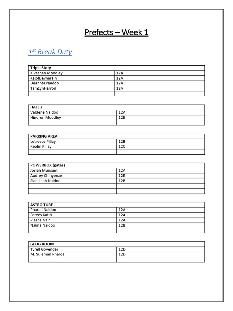 Prefects - Week 1 (Amended 2) | PDF