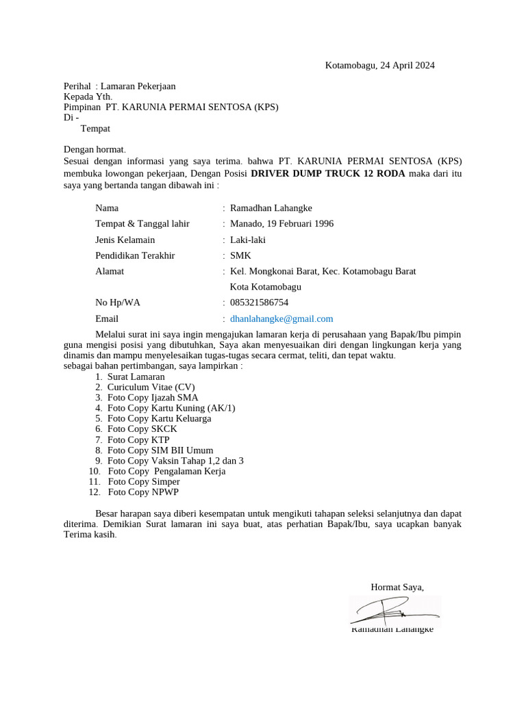 Lamaran Kerja Driver Dump Truck KPS | PDF