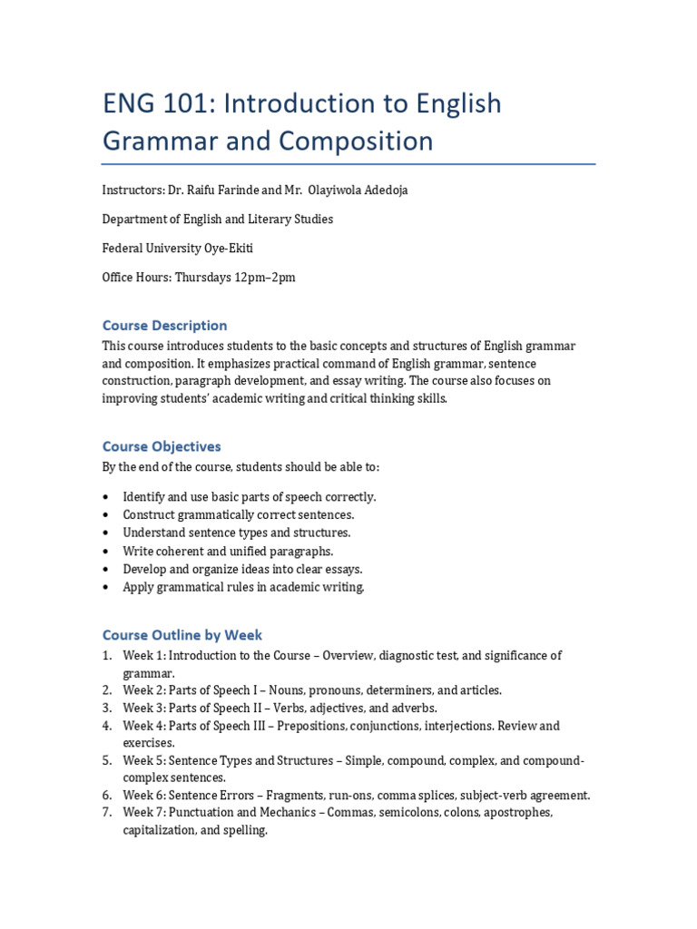 ENG 101: Grammar and Composition Course | PDF