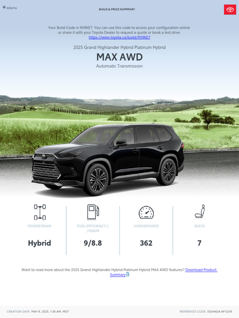 Toyota Build and Price 2025 Grand Highlander Hybrid Platinum Hybrid MAX ...