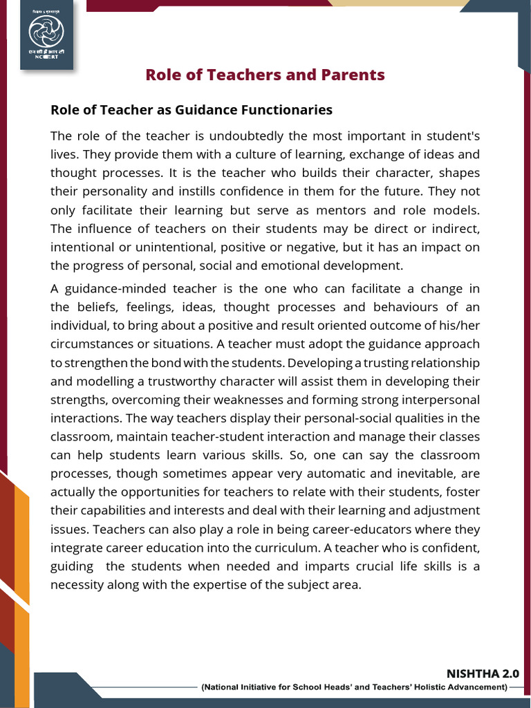 5 12 Eng Role of Teachers and Parents | PDF | Teachers | Mentorship