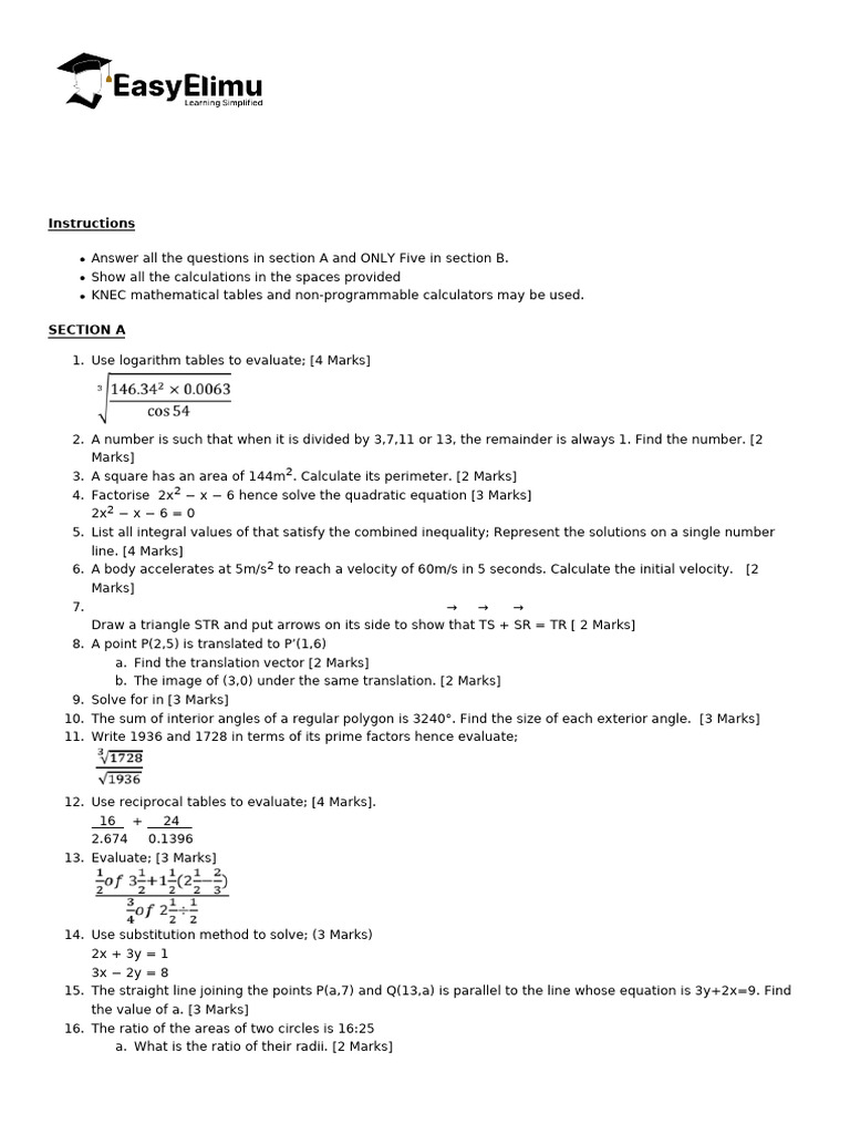 Form 3 Mathematics Mid Term 2 Answers | PDF | Circle | Acceleration