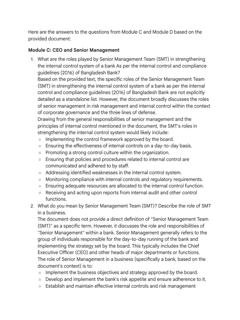 Roles of Senior Management in Banking | PDF | Internal Control | Banks