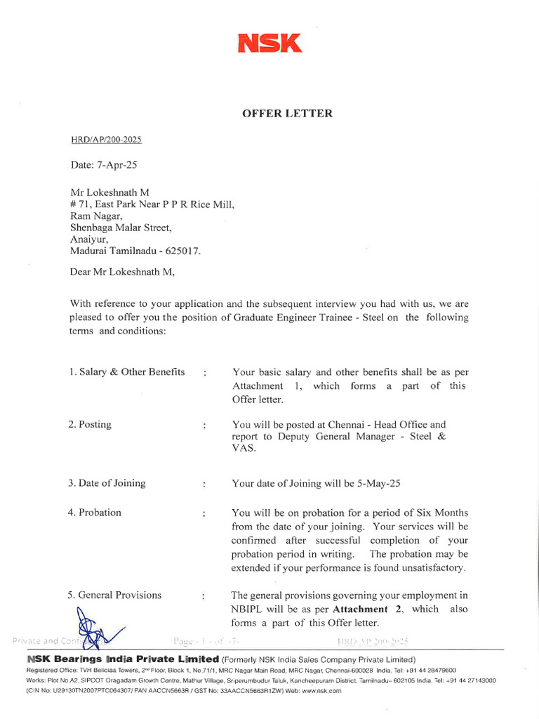 GET Offer Letter - Lokeshnath M | PDF