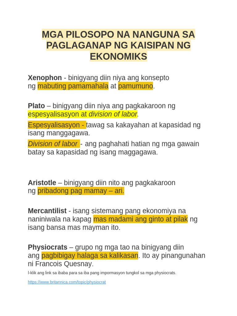 Mga Pilosopo Na Nanguna Sa Paglaganap NG Kaisipan NG Ekonomiks | PDF