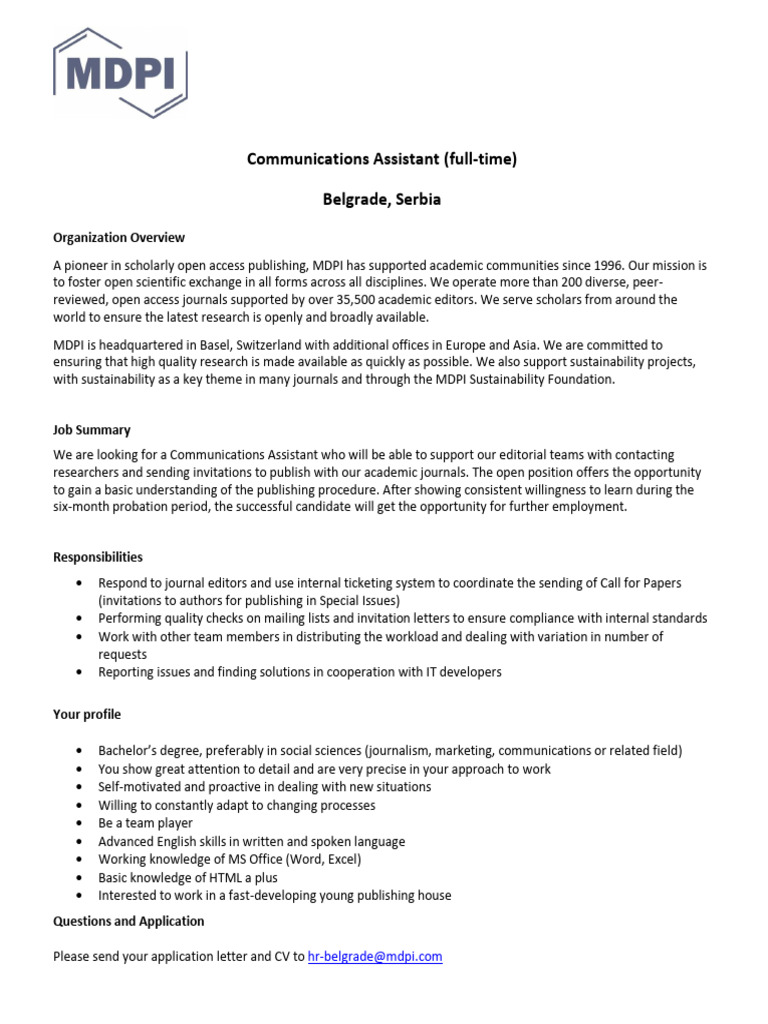 Communications Assistant Job in Belgrade | PDF | Communication | Human ...
