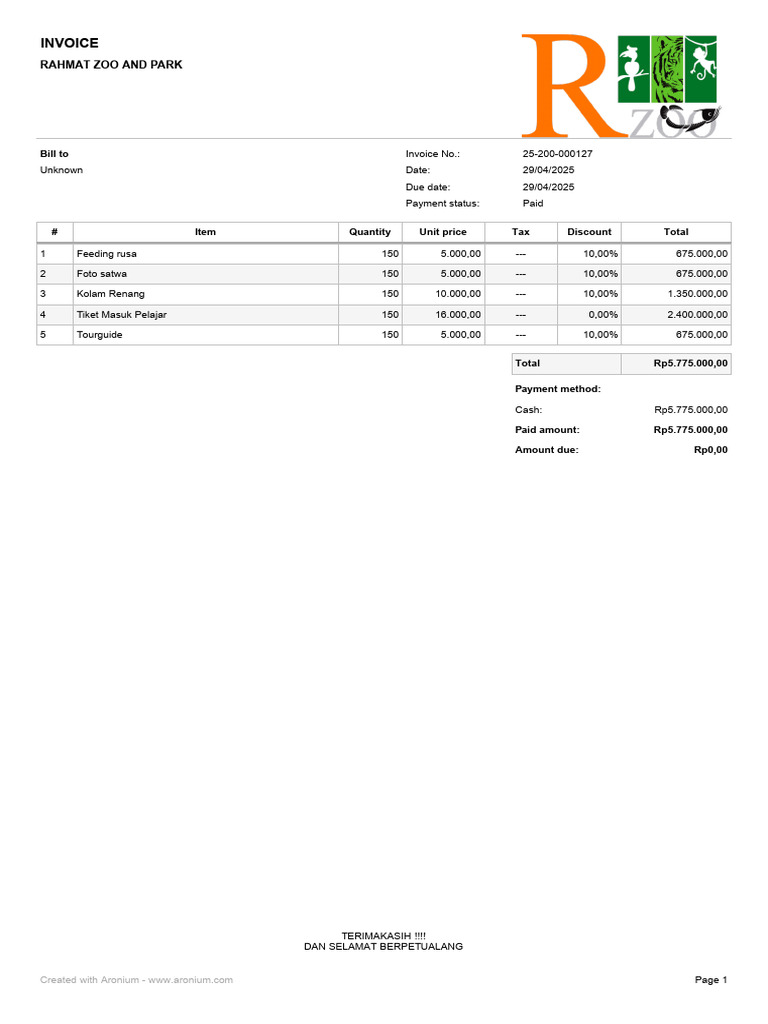 Invoice: Rahmat Zoo and Park | PDF