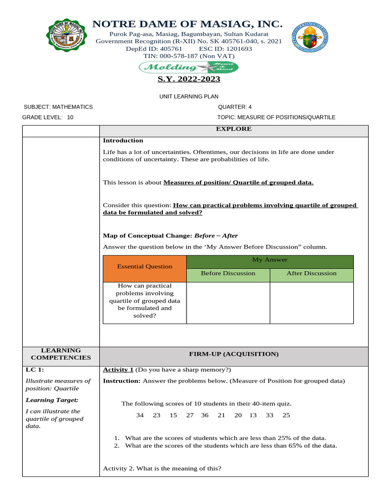 Grade 10 Mathematics Unit Plan: Quartiles | PDF | Mathematics | Quartile