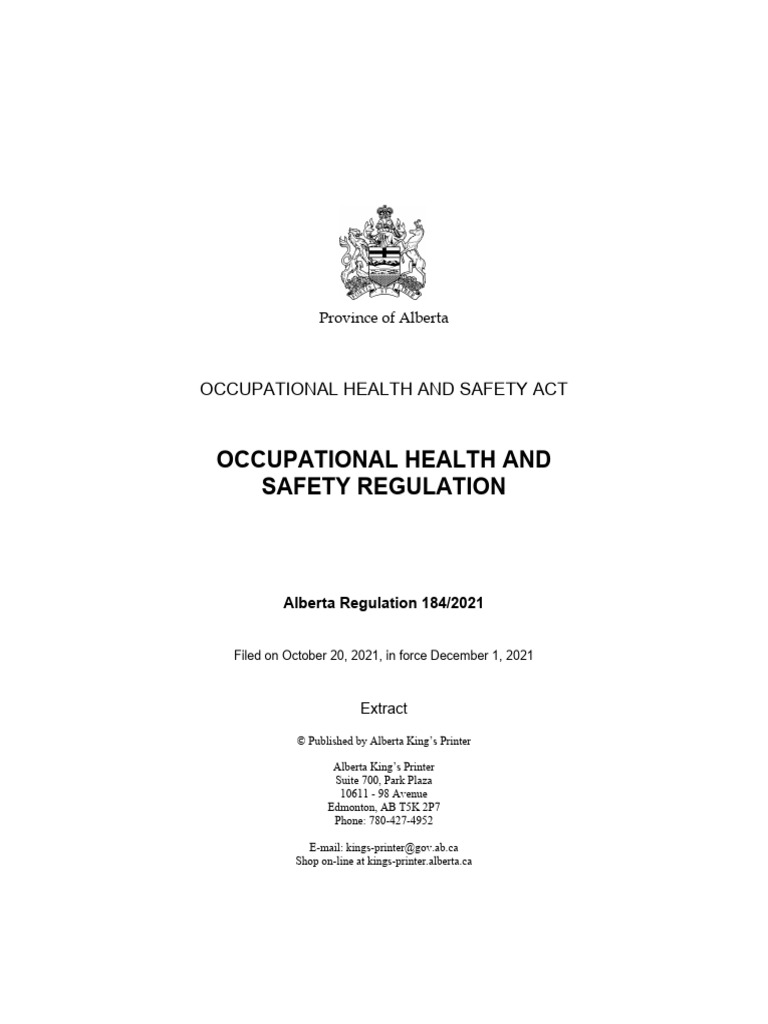 Alberta Occupational Health Regulation 2021 | PDF | Occupational Safety ...
