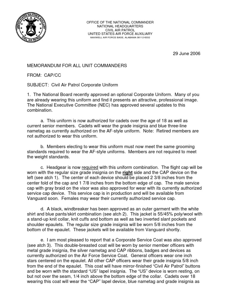 CAP Uniform Changes Memo 06/29/2006 Civil Air Patrol Dress Codes