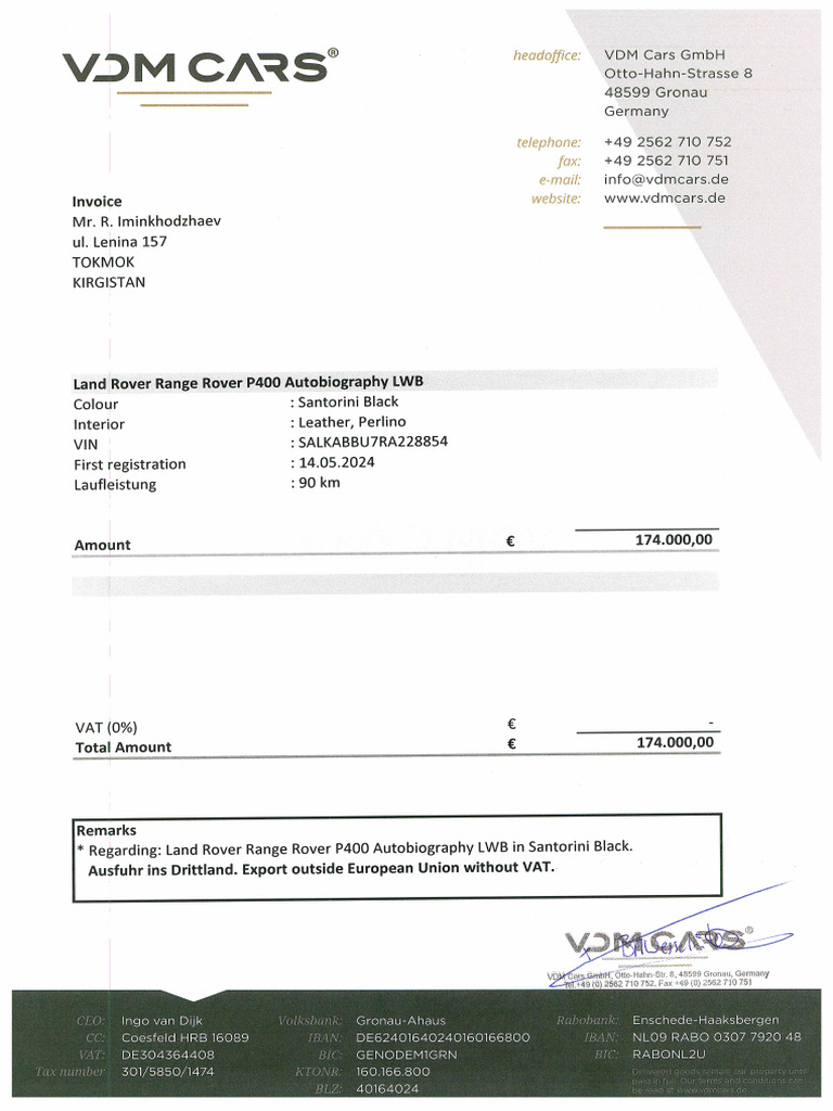 Invoice Signed - Range Rover P400 Autobiography LWB - Iminkhodzhaev | PDF