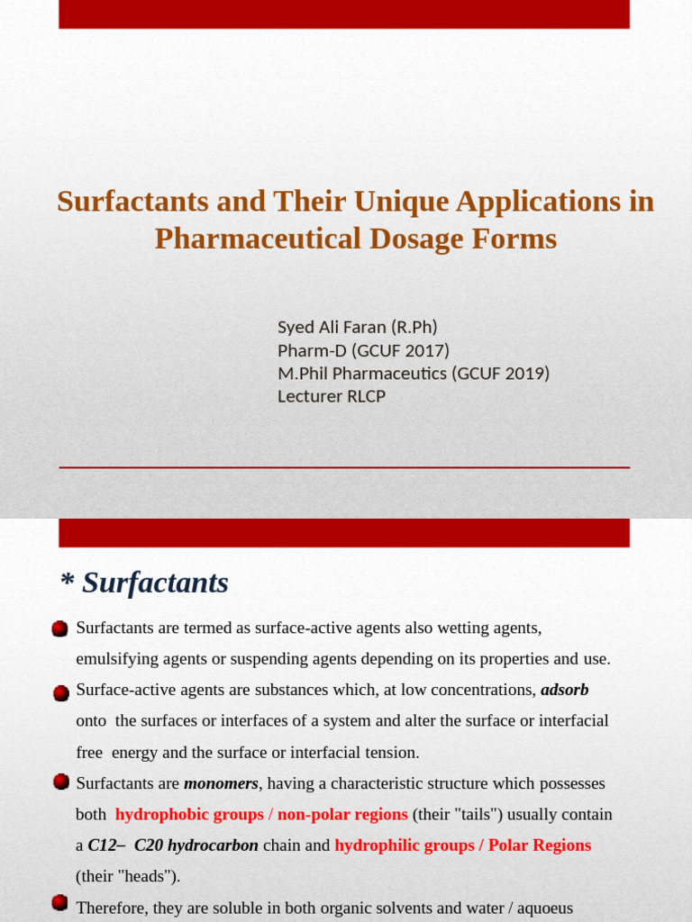 Surfactants in Pharmaceutical Applications | PDF | Surfactant | Emulsion