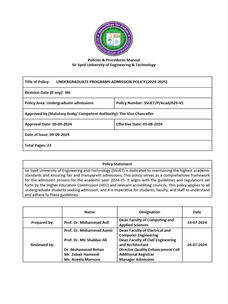 SSUET Undergraduate Admission Policy 2024-25 | PDF | University And ...