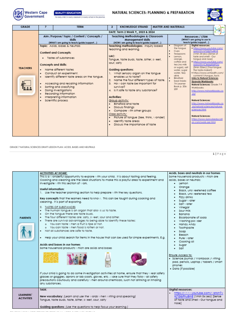 Grade 7 Acids, Bases, and Neutrals Lesson Plan | PDF | Taste