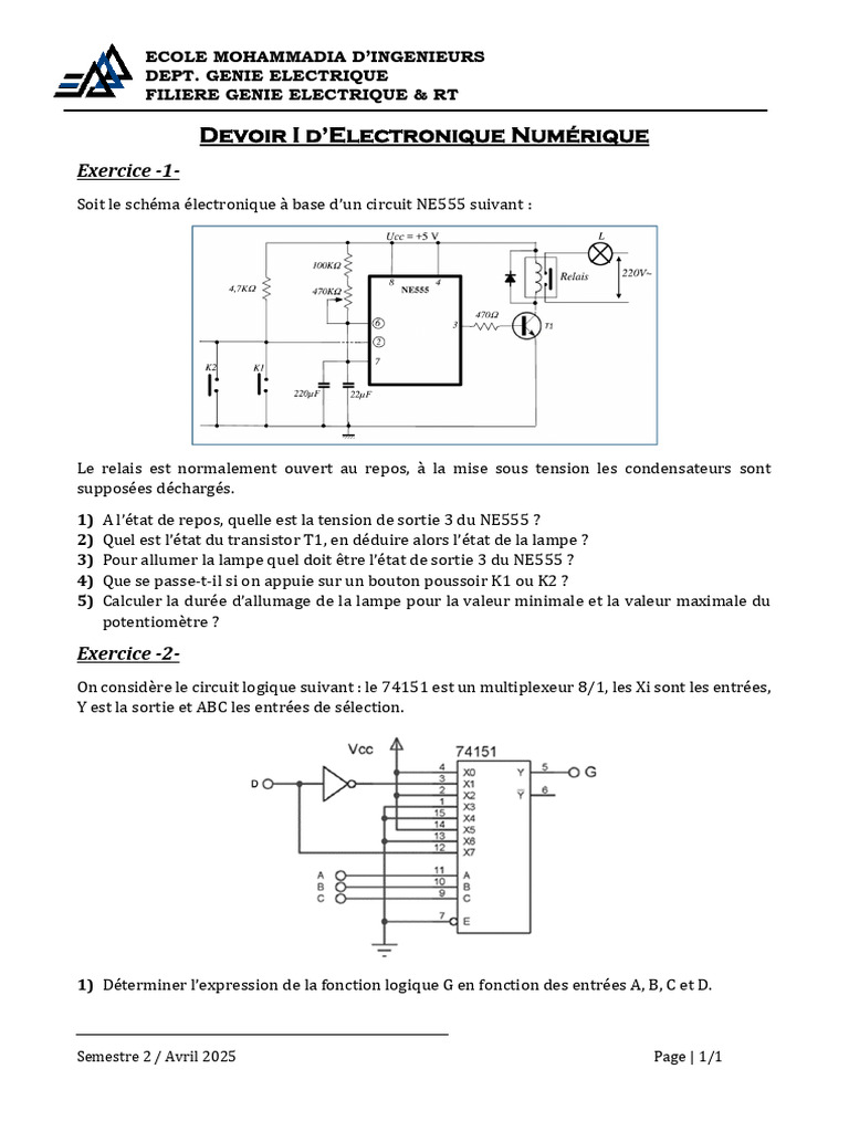 Devoir d'Électronique Numérique - NE555 et 74151 | PDF
