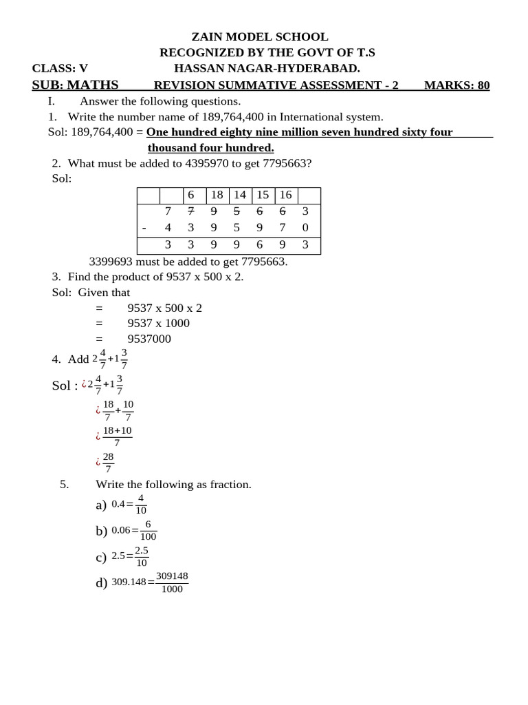 Sa2 Maths Class 5 Revision 2025 | PDF | Length | Area