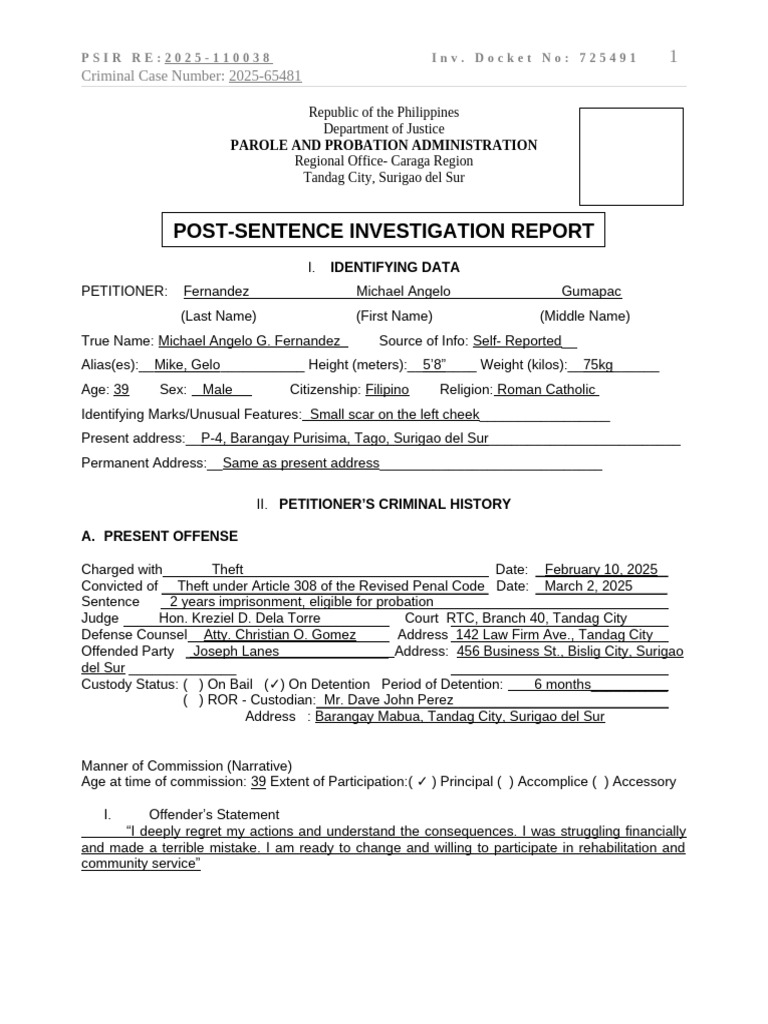 Post-Sentence Investigation Report: Theft | PDF | Probation | Parole