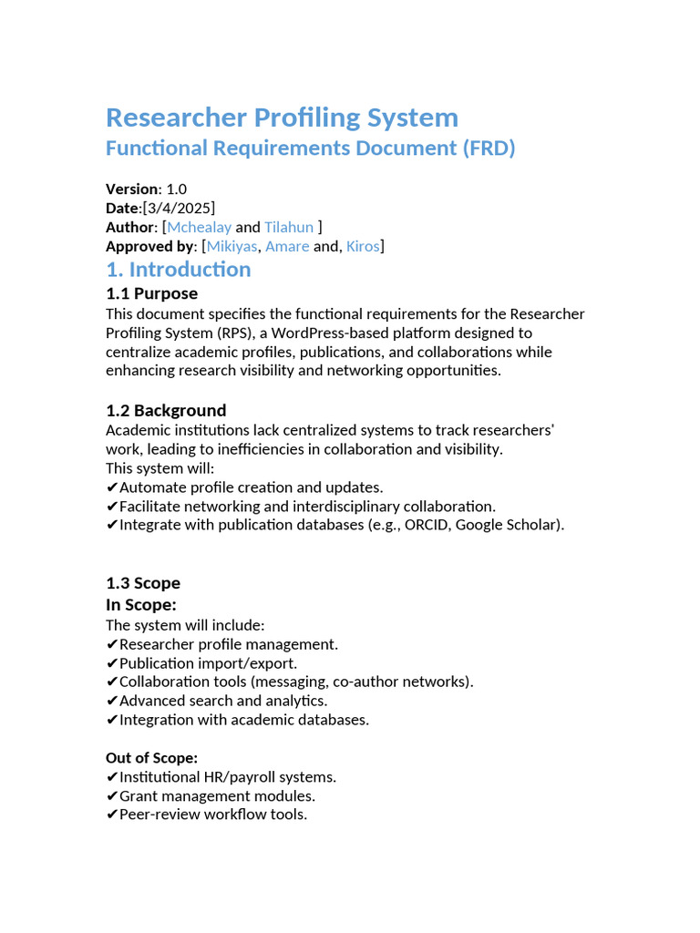 Researcher Profiling System FRD 1.0 | PDF | Metadata | Citation