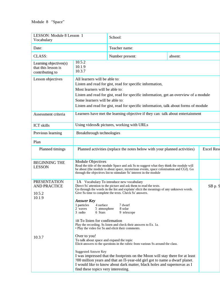 Space Module Lesson Plan Overview | PDF | Vocabulary | Learning