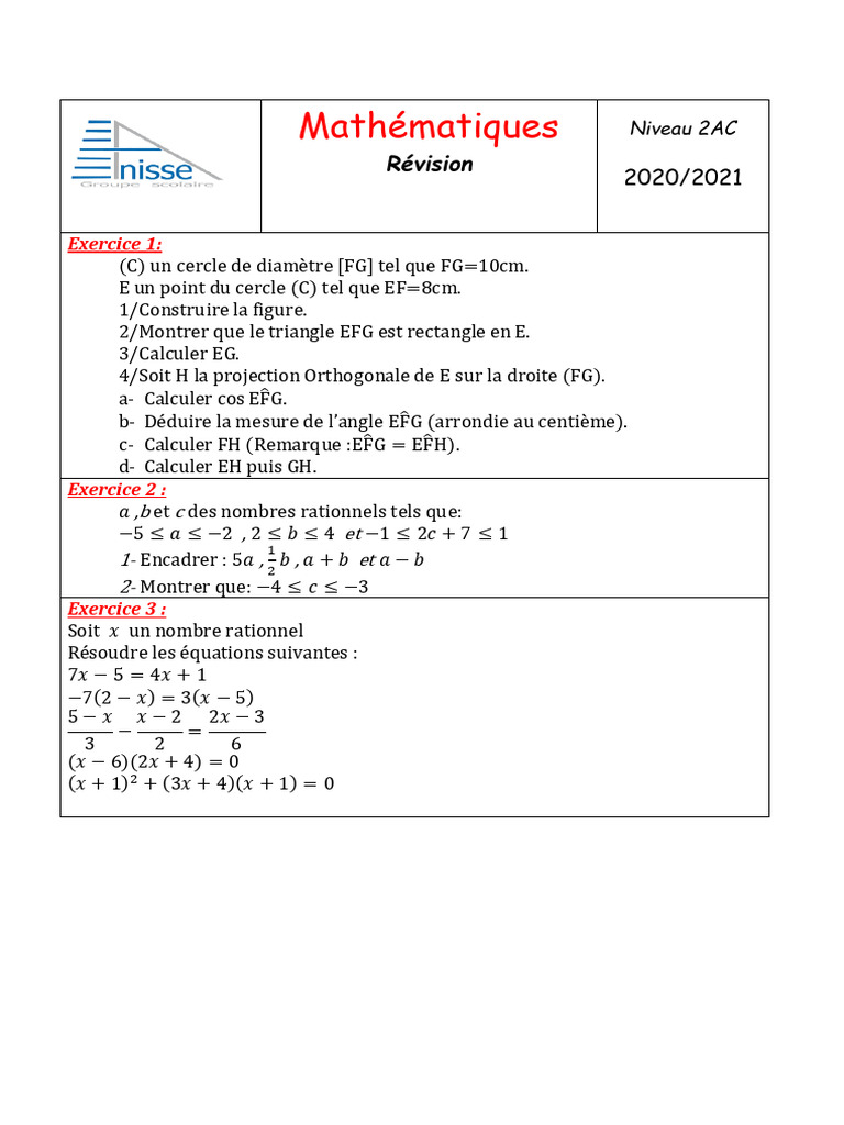 Révision Mathématiques Niveau 2AC | PDF