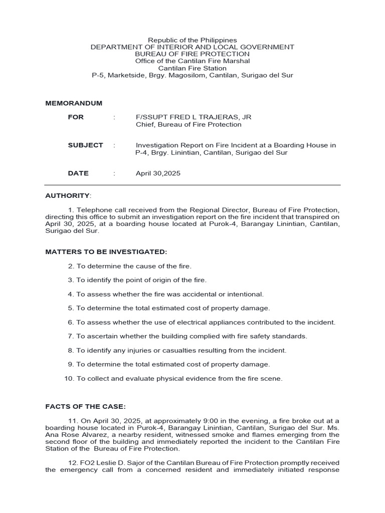 Fire Incident Report: Cantilan Boarding House | PDF | Fires | Fire Safety