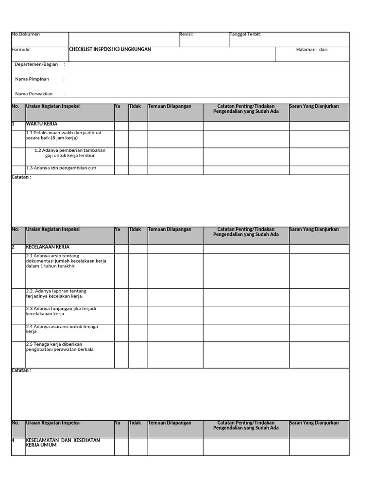 Form Check List Inspeksi K3-Lingkungan (General Inspection) | PDF