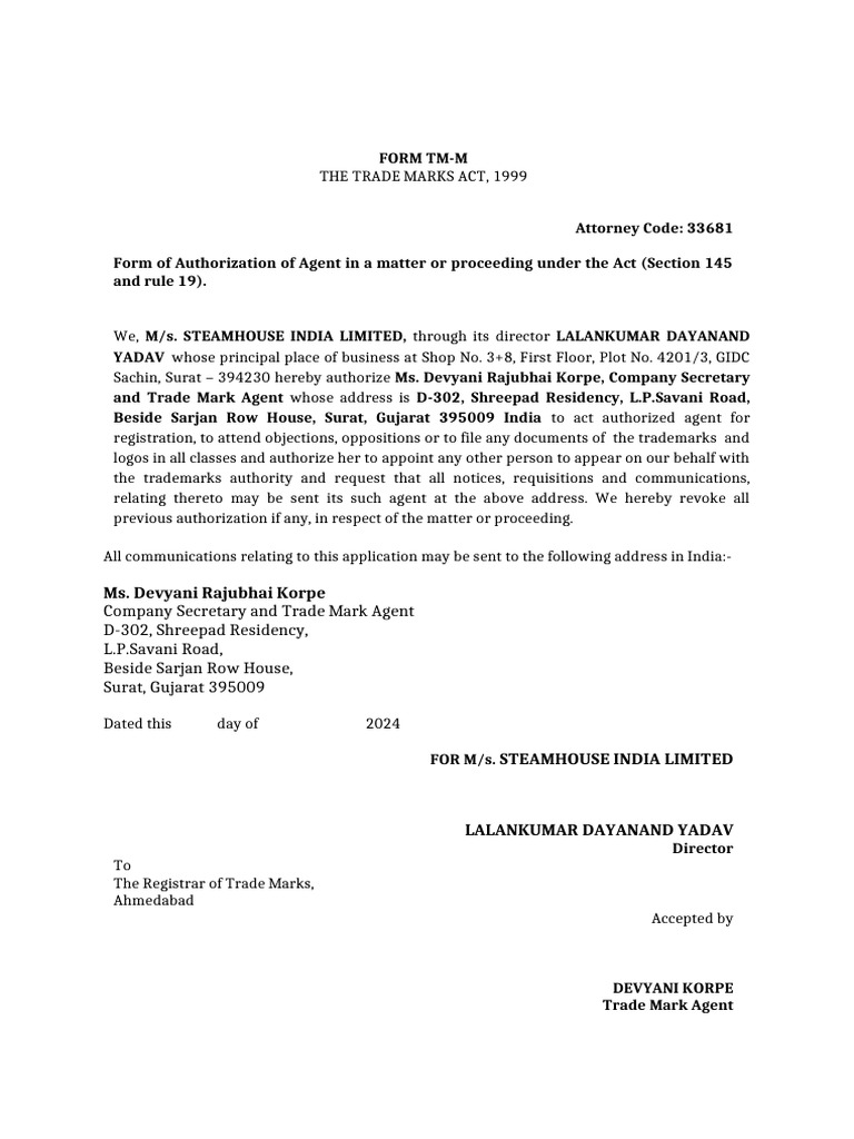 Authorization of Trademark Agent Form TM-M | PDF