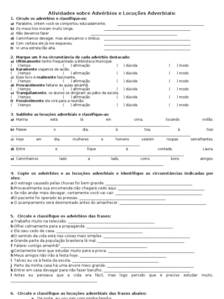 Atividades sobre Advérbios e Locuções Adverbiais