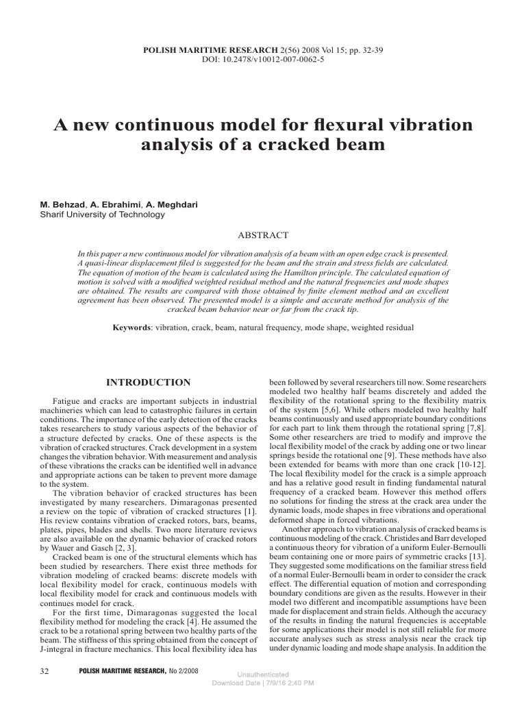 Vibration Analysis of Cracked Beams | PDF | Fracture | Bending