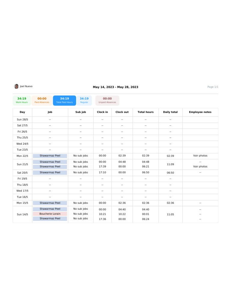 Employee Work Hours and Absences Log | PDF