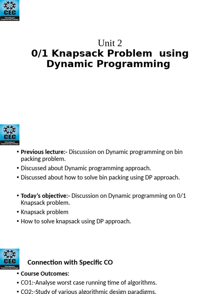 Dynamic Programming: 0/1 Knapsack Problem | PDF | Dynamic Programming ...