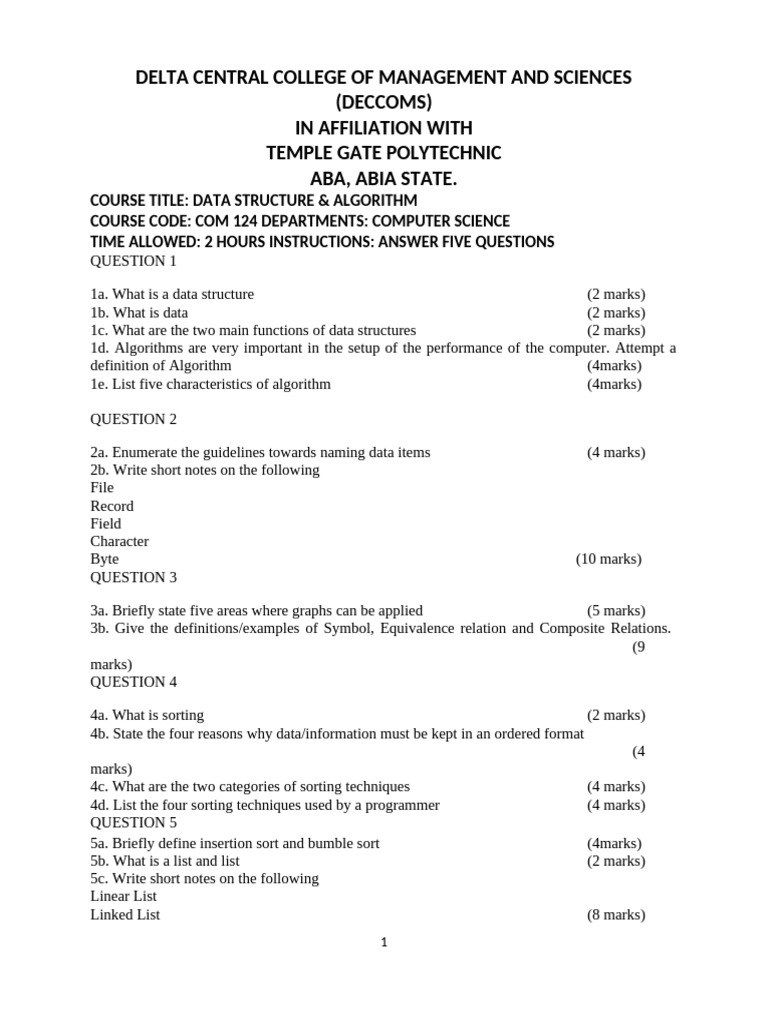 Com 124 Data Structure | PDF | Algorithms And Data Structures ...