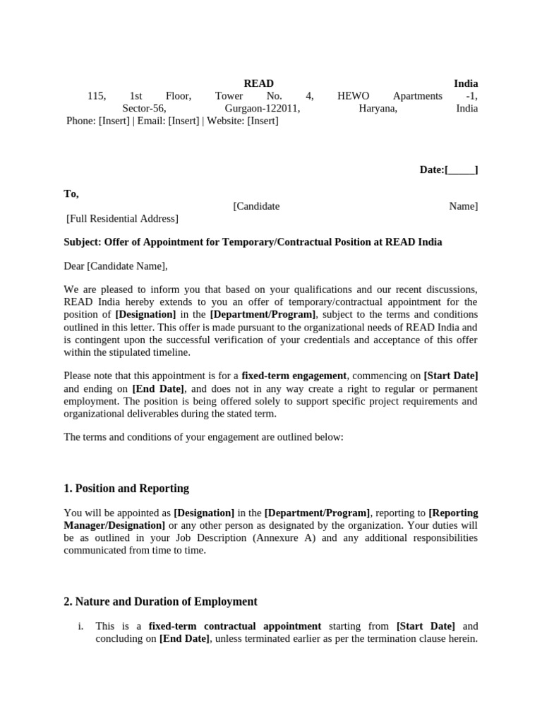 Offer of Appointment For Temporary - Contractual Position | PDF ...