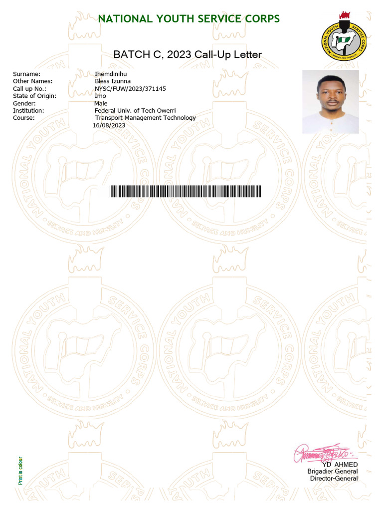 NYSC Call-Up Letter for Bless Ihemdinihu | PDF | Government