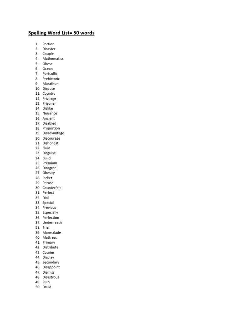 Spelling Word List: 50 Words | PDF