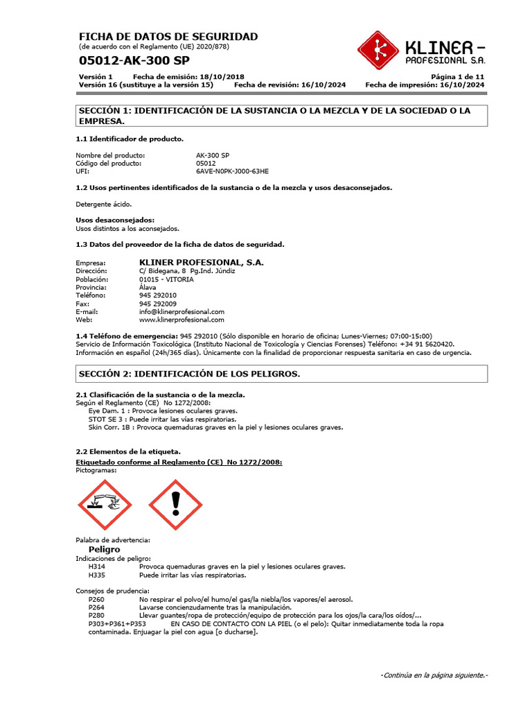 Ficha de Seguridad AK-300 SP KLINER | PDF | Toxicidad | Química