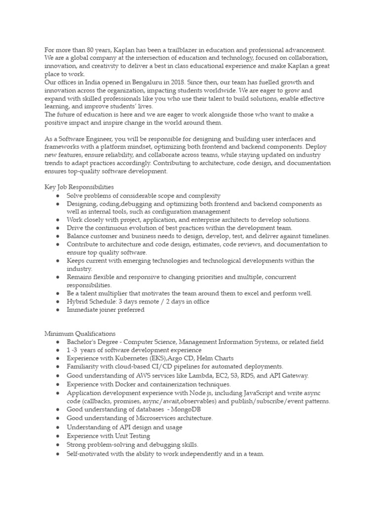 Software Engineer I (Backend EKS) | PDF | Software Development | Computing