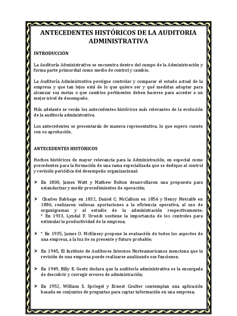 ANTECEDENTES HISTÓRICOS DE LA AUDITORIA ADMINISTRATIVA Auditoría Evaluación