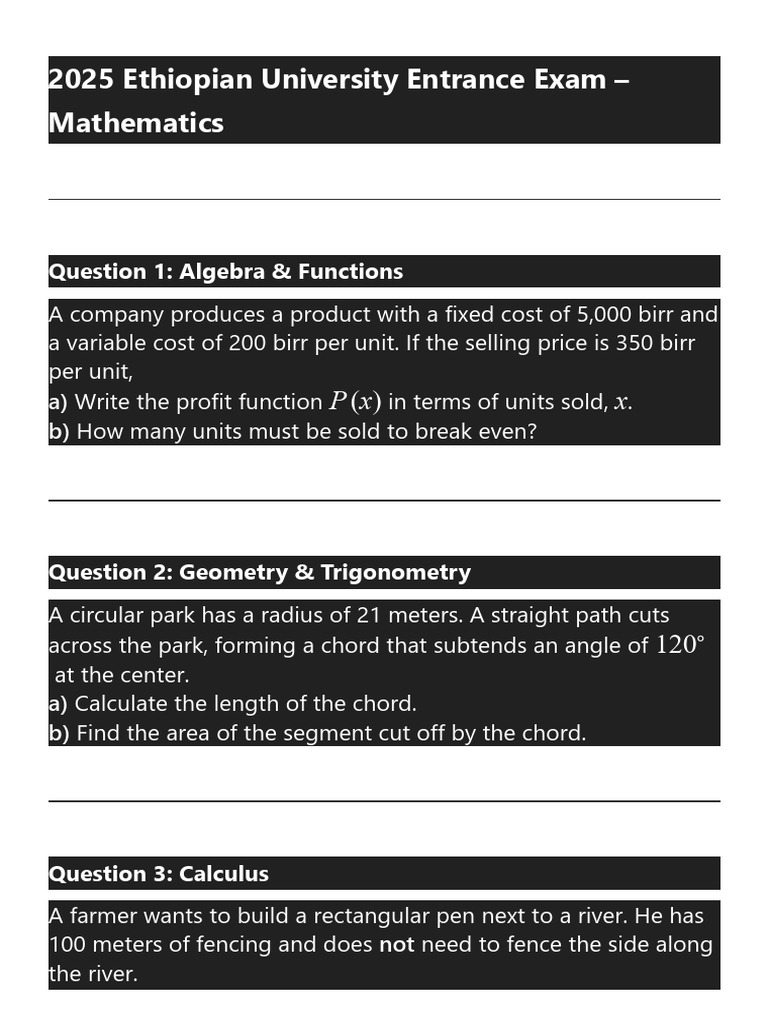 2025 Ethiopian University Math Exam | PDF | Area | Equations