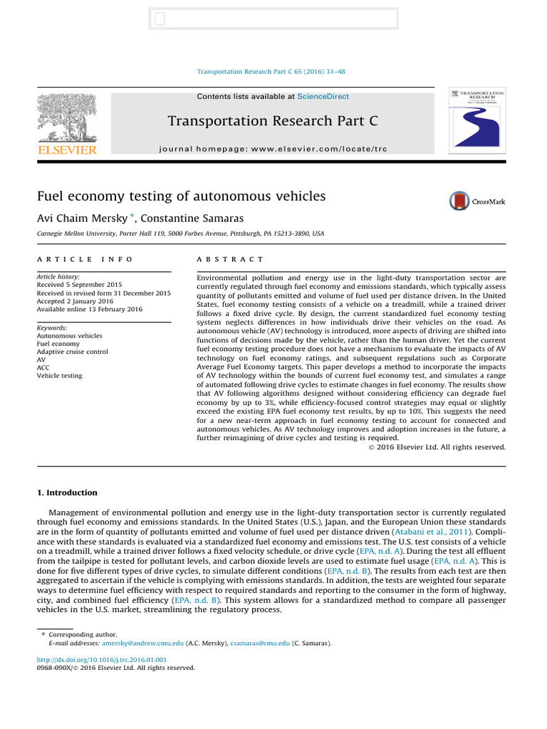 Fuel Economy Testing for Autonomous Vehicles | PDF | Fuel Economy In ...