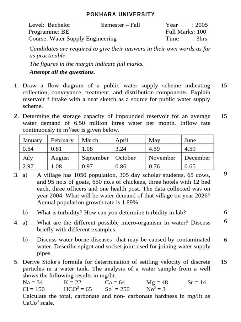 Water Supply Engineering Exam Questions | PDF | Transparent Materials ...