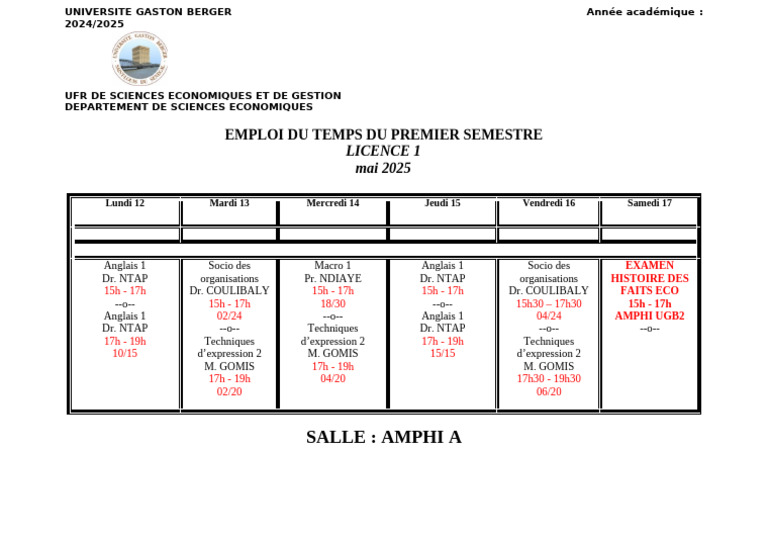 Emploi du temps Licence 1 UGB 2024/2025 | PDF
